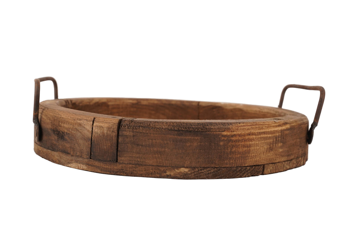 Round Farmhouse-Reclaimed Wood Tray With Handles-12 in-Waxed