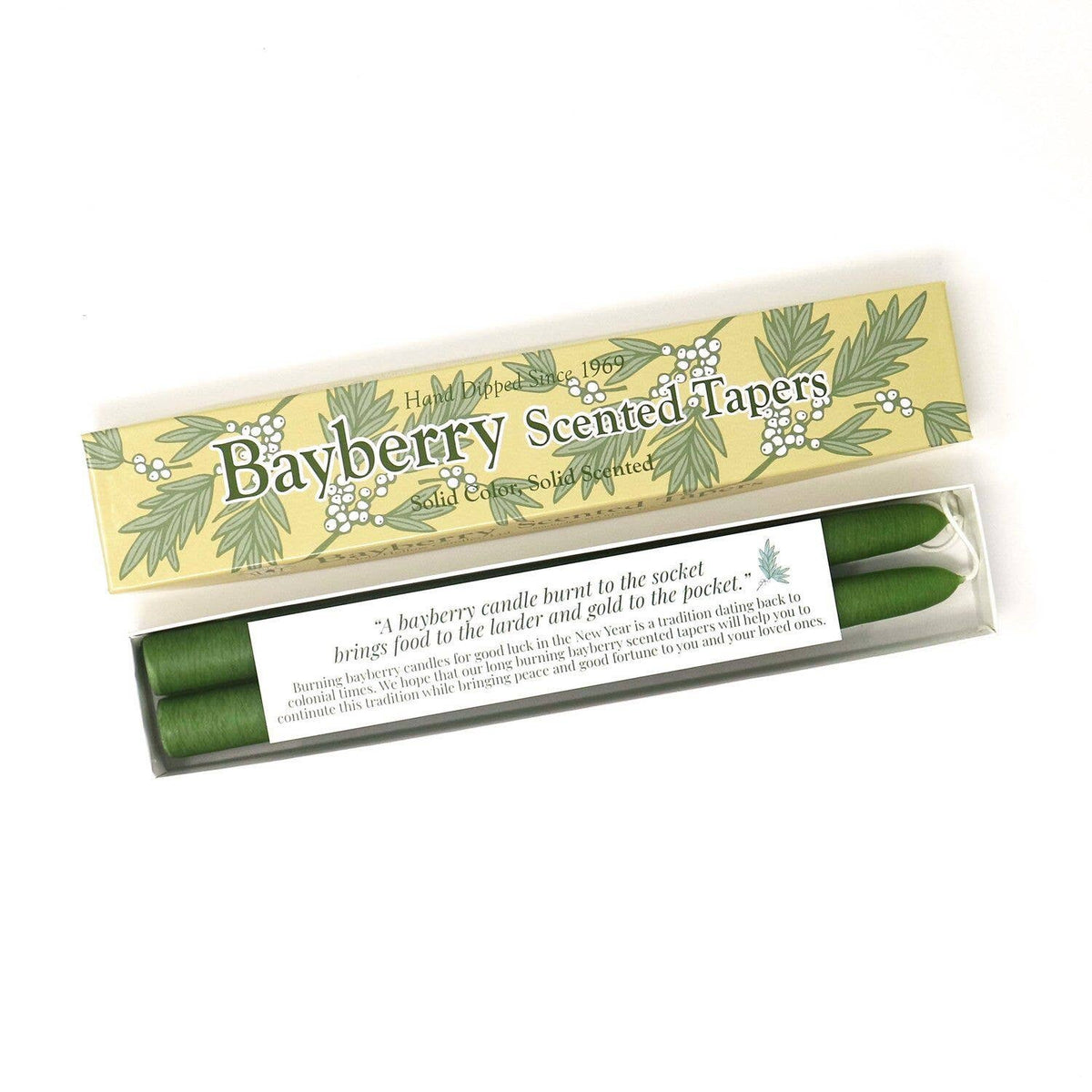 10" Bayberry Scented Taper Candles with Bayberry Legend