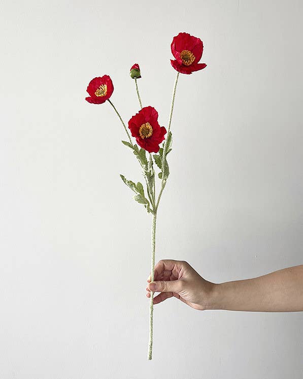 22'' Single Flocked Floral Poppy Spay, Colorful Silk Poppies