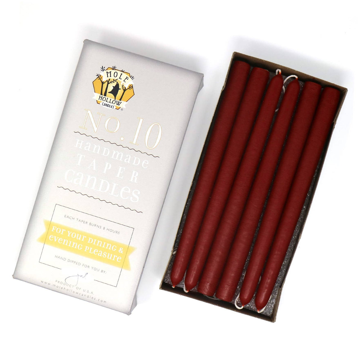 10" Hand Dipped Unscented Taper Candles - 39 Colors USA Made