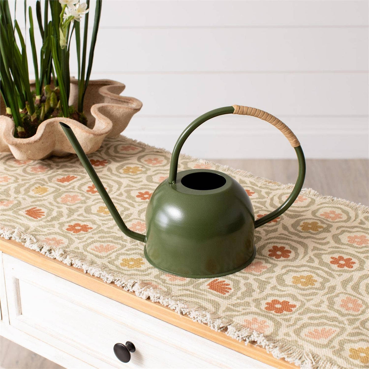 Green Enamel With Rattan Watering Can