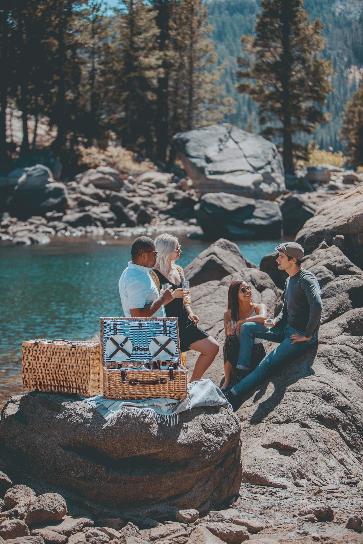 Belmont Picnic Basket, (Navy Blue & White Stripe)