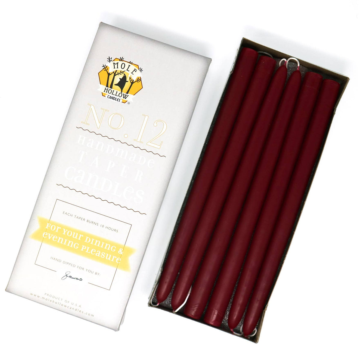 12" Hand Dipped Unscented Taper Candles - 39 Colors USA Made