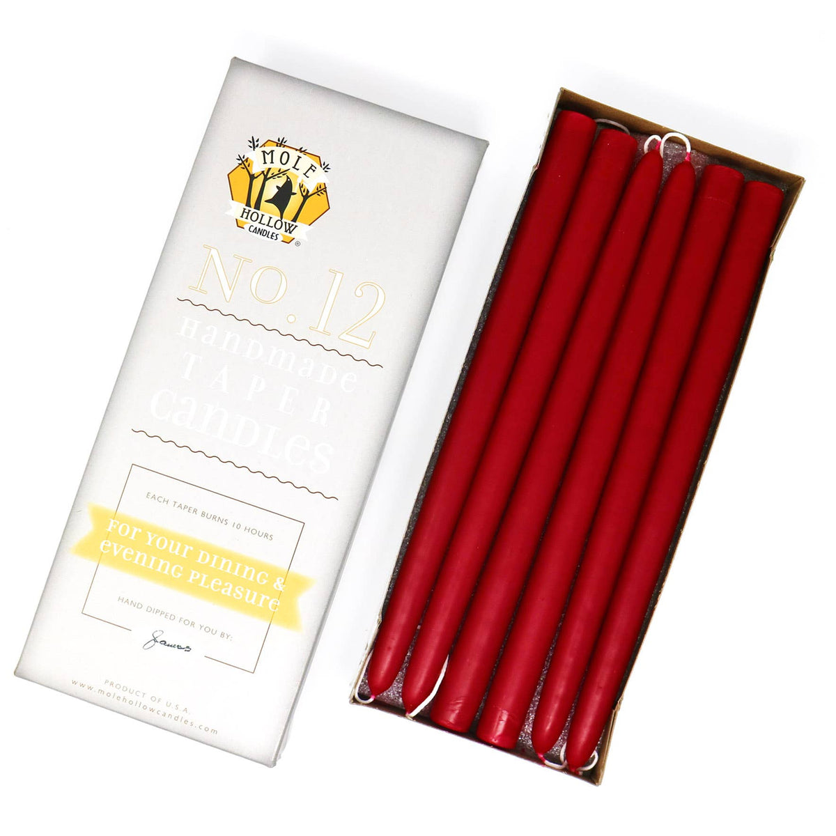 12" Hand Dipped Unscented Taper Candles - 39 Colors USA Made