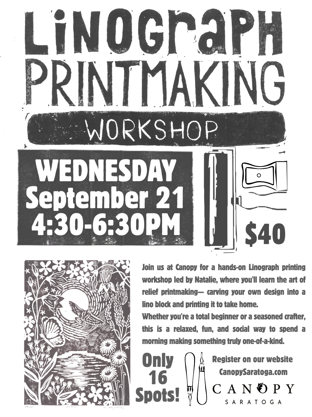 Linograph Printmaking Workshop — Mon Sept 21