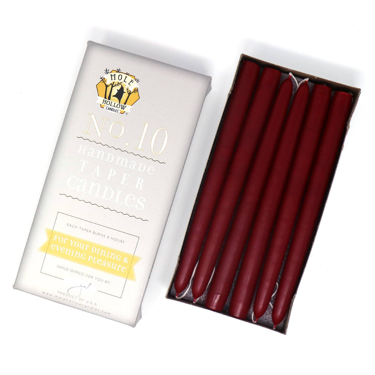 10" Hand Dipped Unscented Taper Candles - 39 Colors USA Made