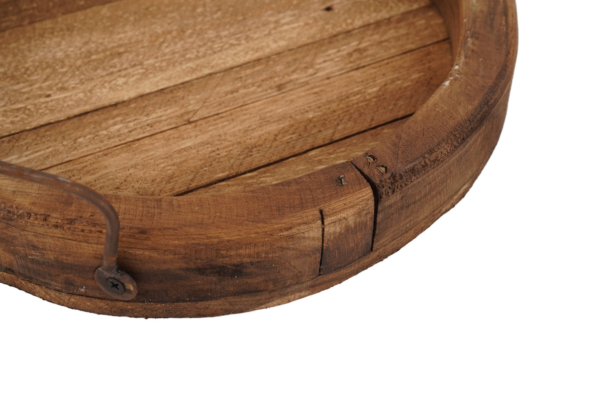 Round Farmhouse-Reclaimed Wood Tray With Handles-12 in-Waxed
