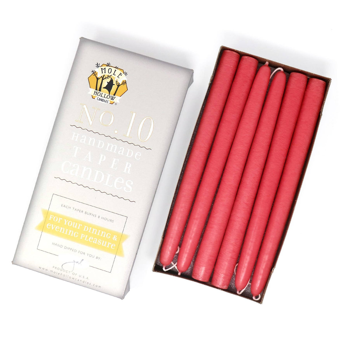 10" Hand Dipped Unscented Taper Candles - 39 Colors USA Made