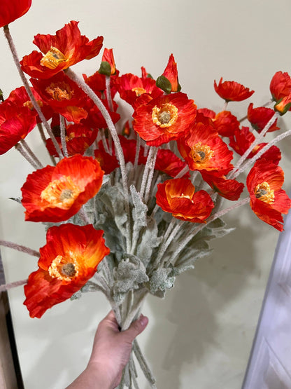 22'' Single Flocked Floral Poppy Spay, Colorful Silk Poppies