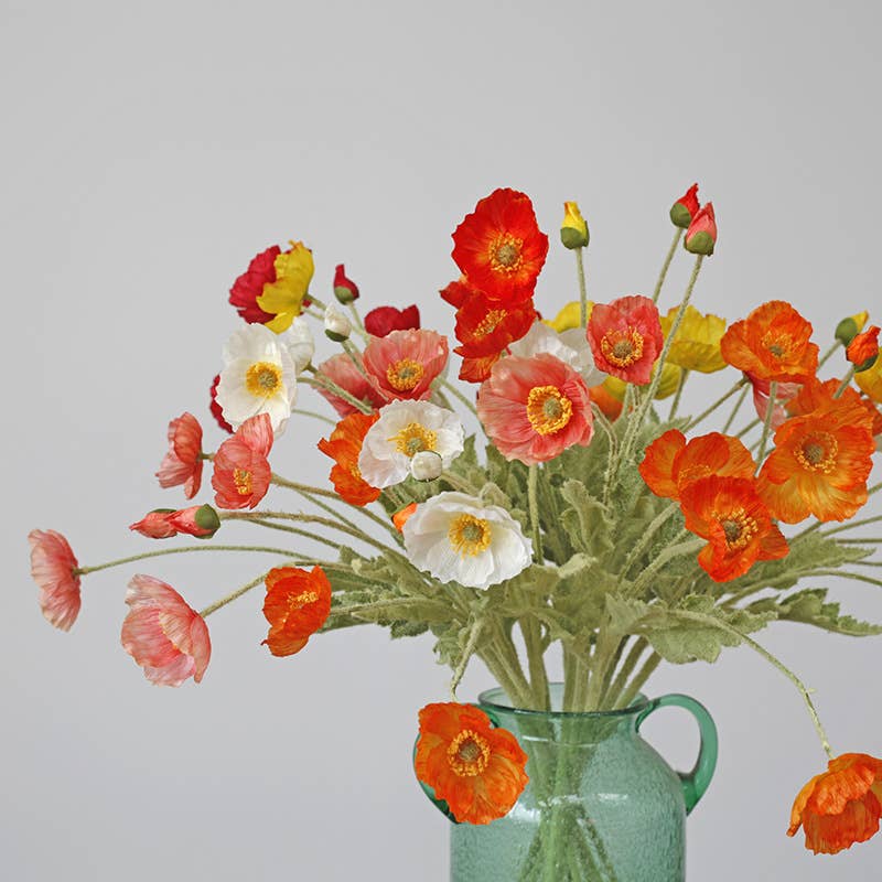 22'' Single Flocked Floral Poppy Spay, Colorful Silk Poppies
