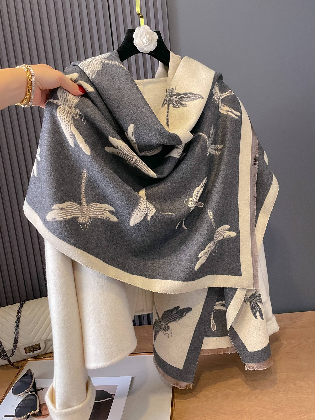 Gray / Ivory Dragonflies Wrap/Scarf