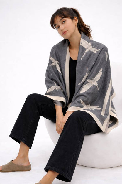 Gray / Ivory Dragonflies Wrap/Scarf