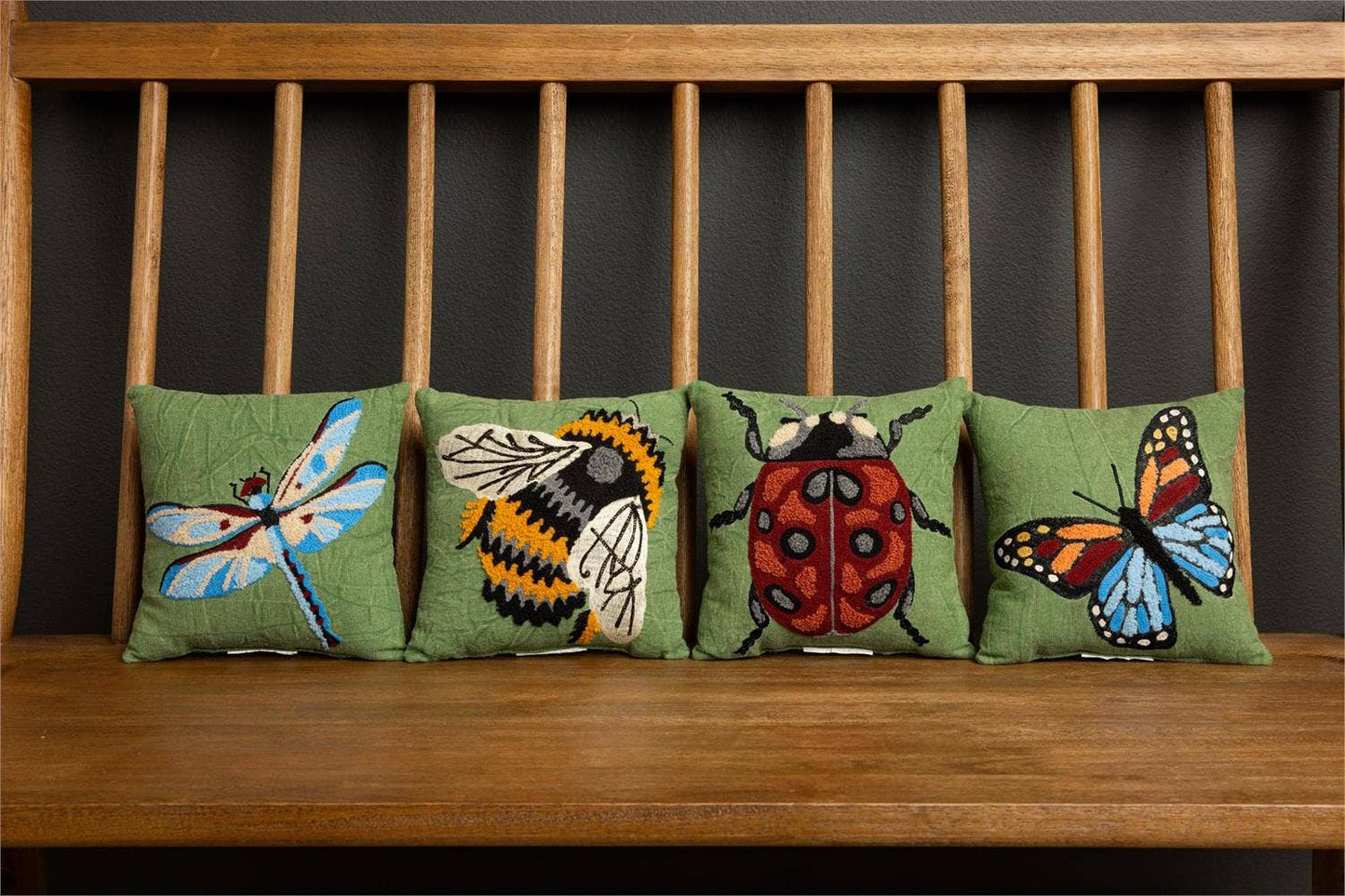 Mini Bug Pillows – Embroidered Green Canvas