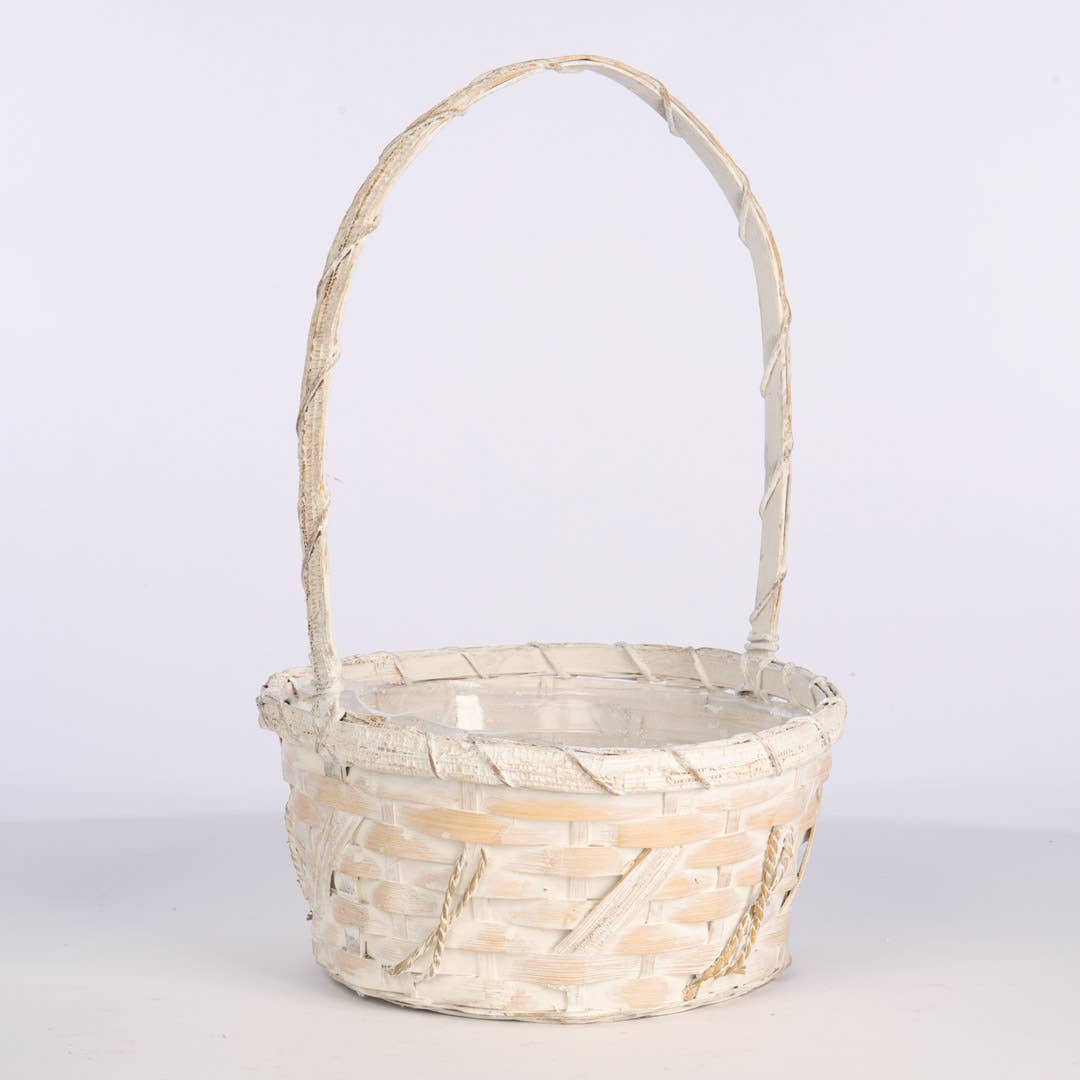 Round White Bamboo Basket w/ Over Handle