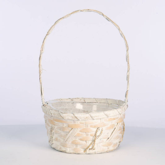 Round White Bamboo Basket w/ Over Handle