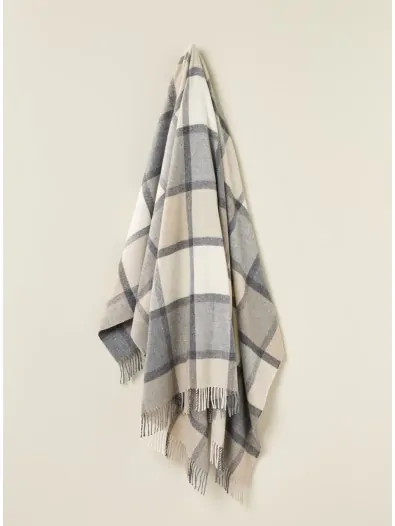 Merino Lambswool Throw Blanket - Block Windowpane - Beige / Gray