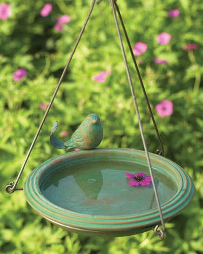 Teal Round Bird Bath, Hanging