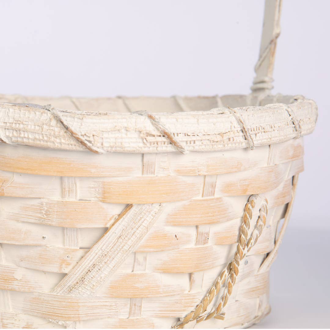 Round White Bamboo Basket w/ Over Handle