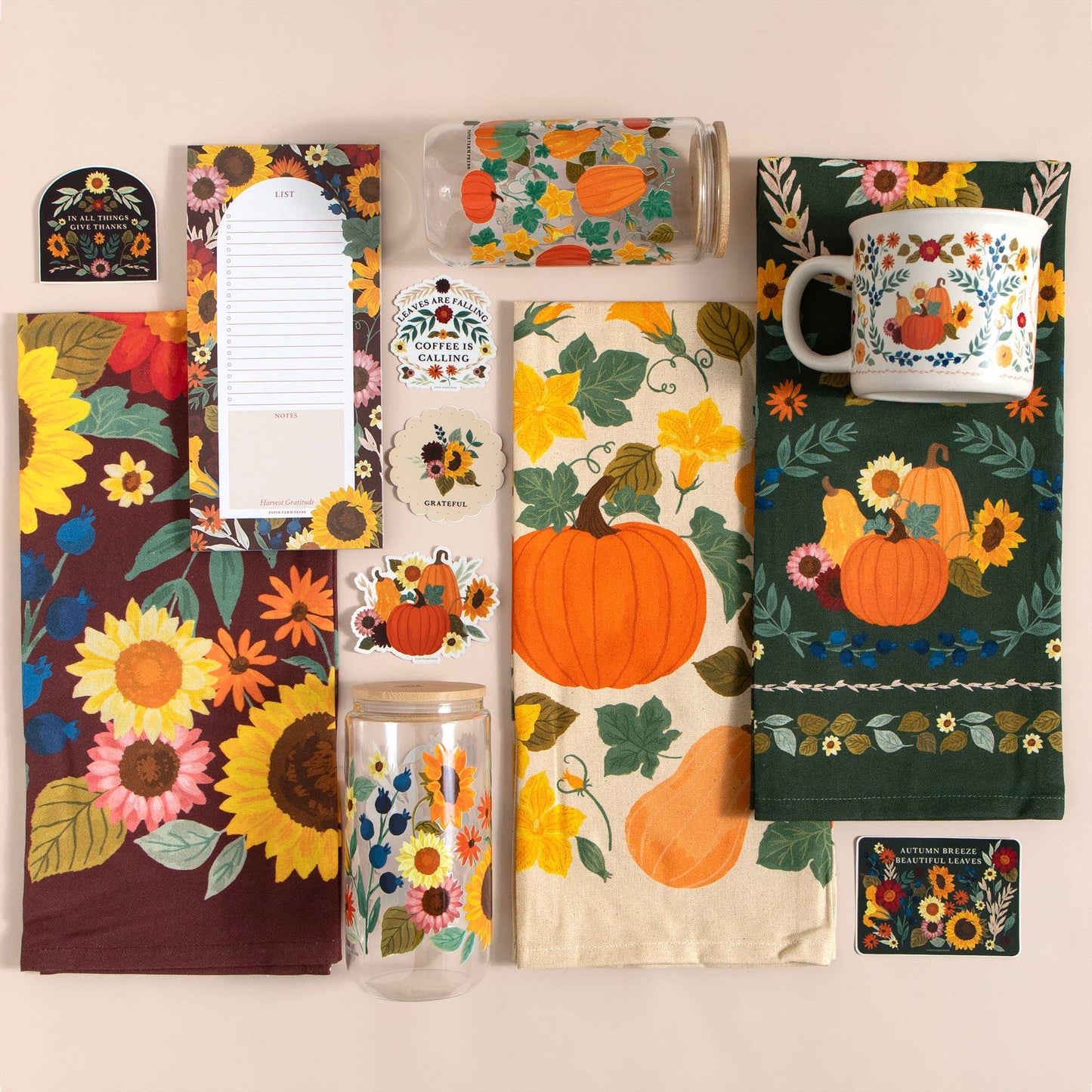 Pumpkin Folk Floral Fall Tea Towel