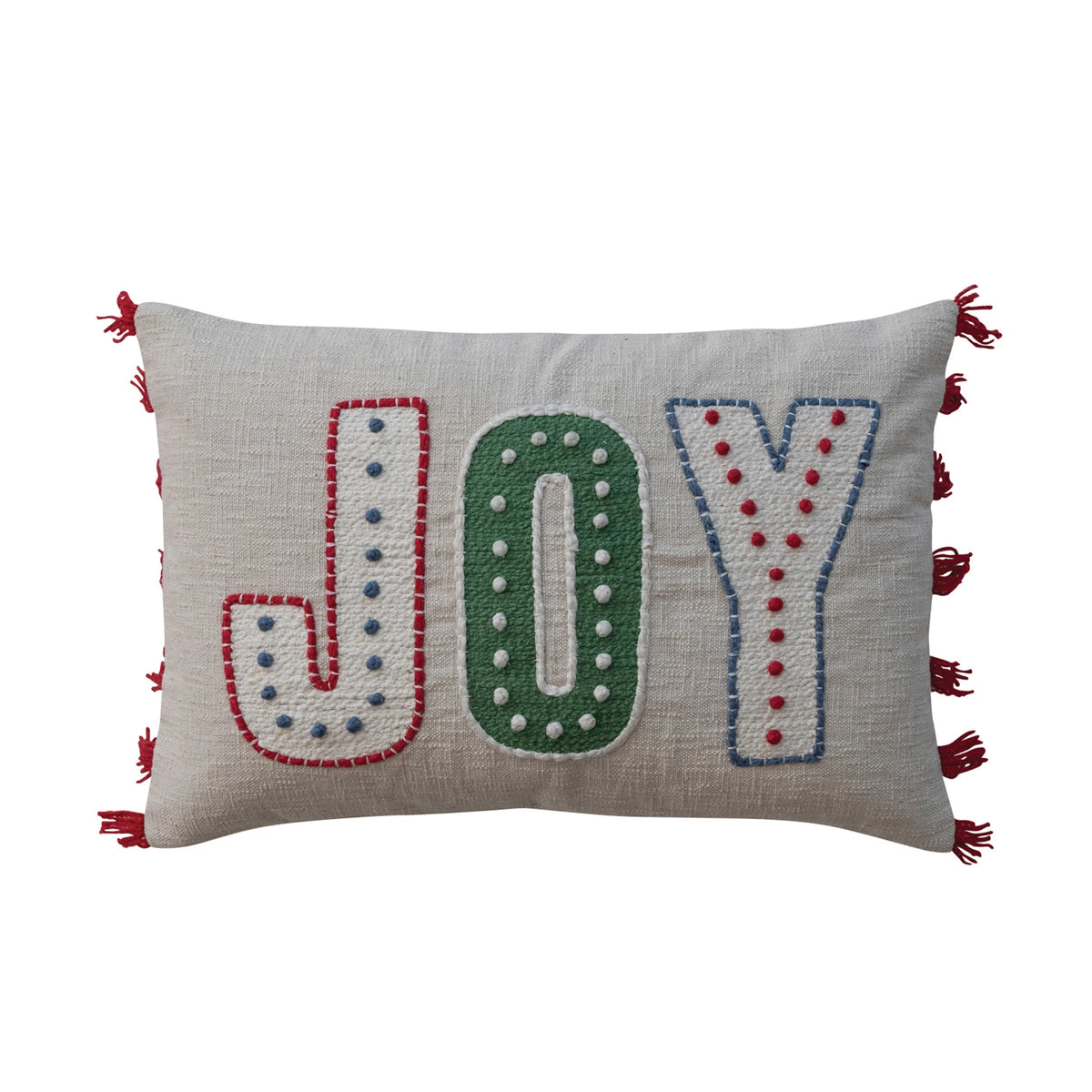 Cotton Lumbar Pillow with Embroidery & Fringe "JOY"